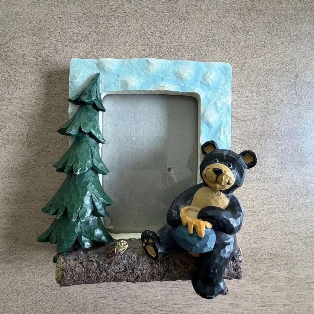 Rustic Black Bear Picture Frame Resin Cabin Lodge Decor Tree Honey Pot 3.5x5